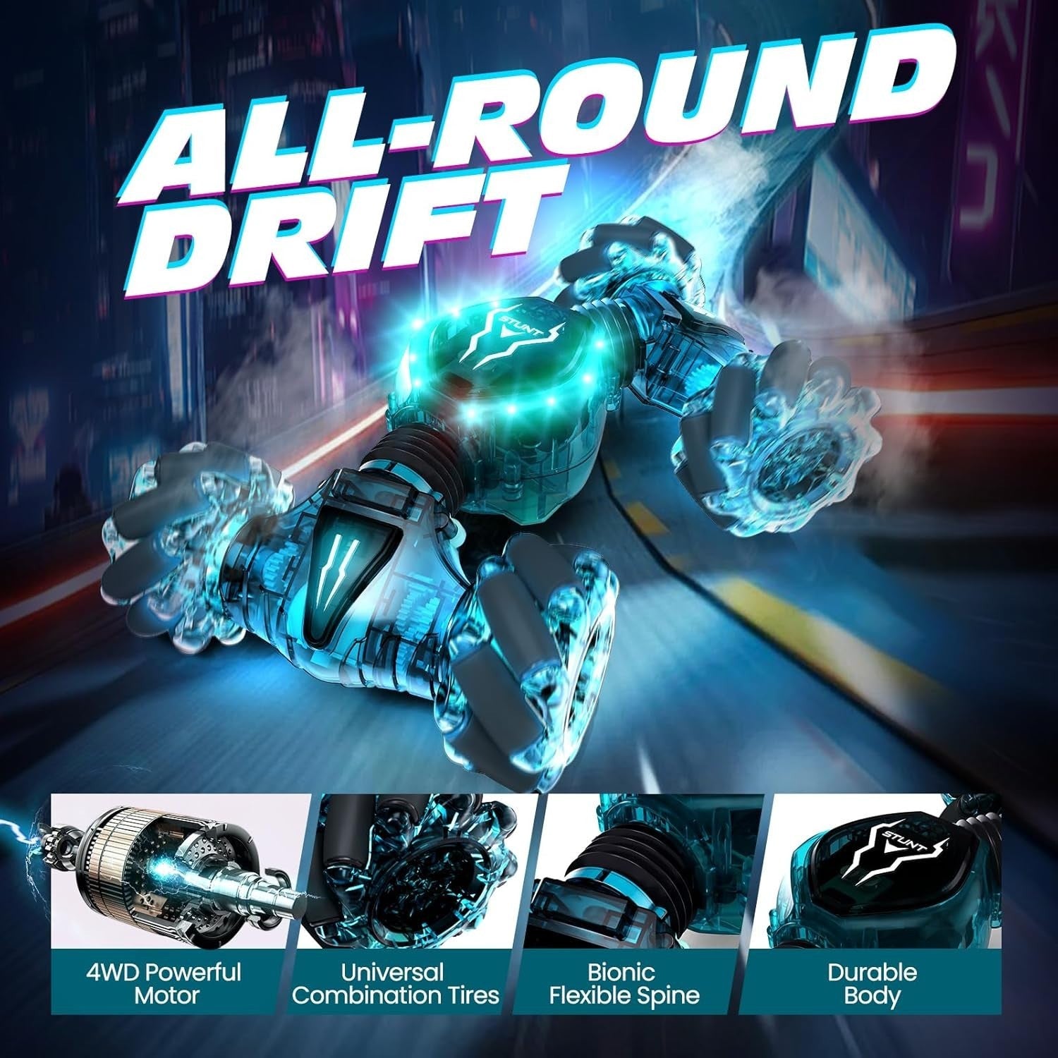 4WD Gesture Sensing RC Car – 360° Drift, LED Lights, 3 Batteries, Kids Toy