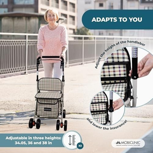 Foldable Adult Shopping Trolley Walker with Seat & Backrest – 21L Printed