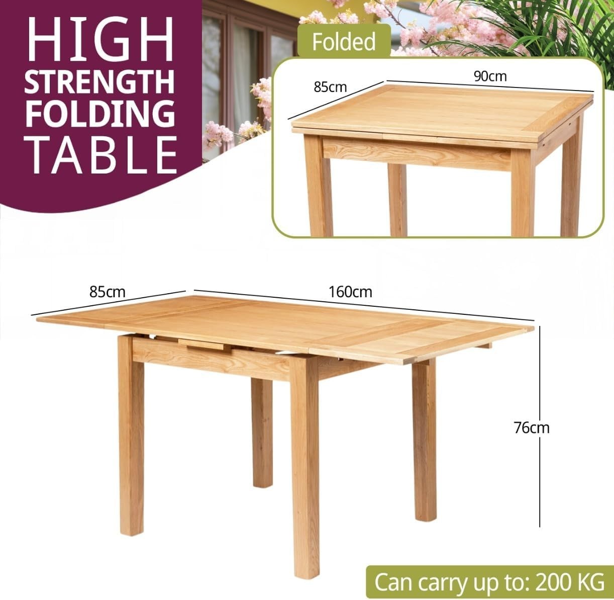 Small Extendable Oak Dining Table Rectangular Folding Space-Saving Modern