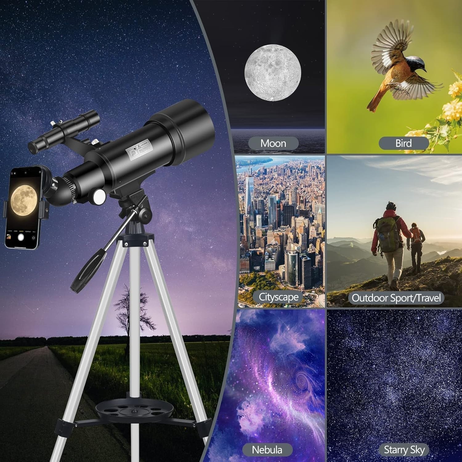 70mm Refractor Telescope 400mm Travel Scope with Tripod Phone Adapter Black