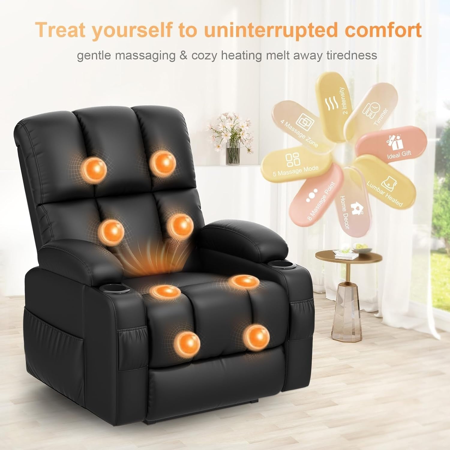 Lift Recliner Chair Elderly Massage Heat Power Assist USB Cup Holders PU Black