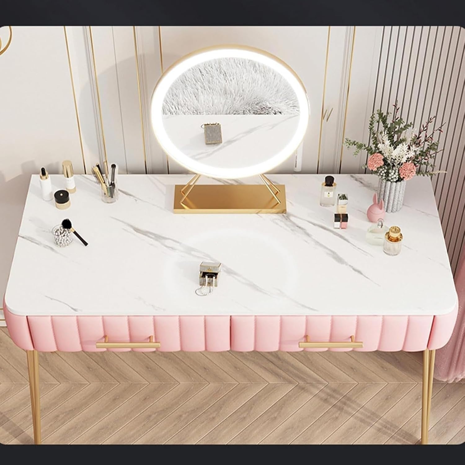 Pink Vanity Table Set with Lighted Mirror & 5 Drawers Storage Makeup Dressing De