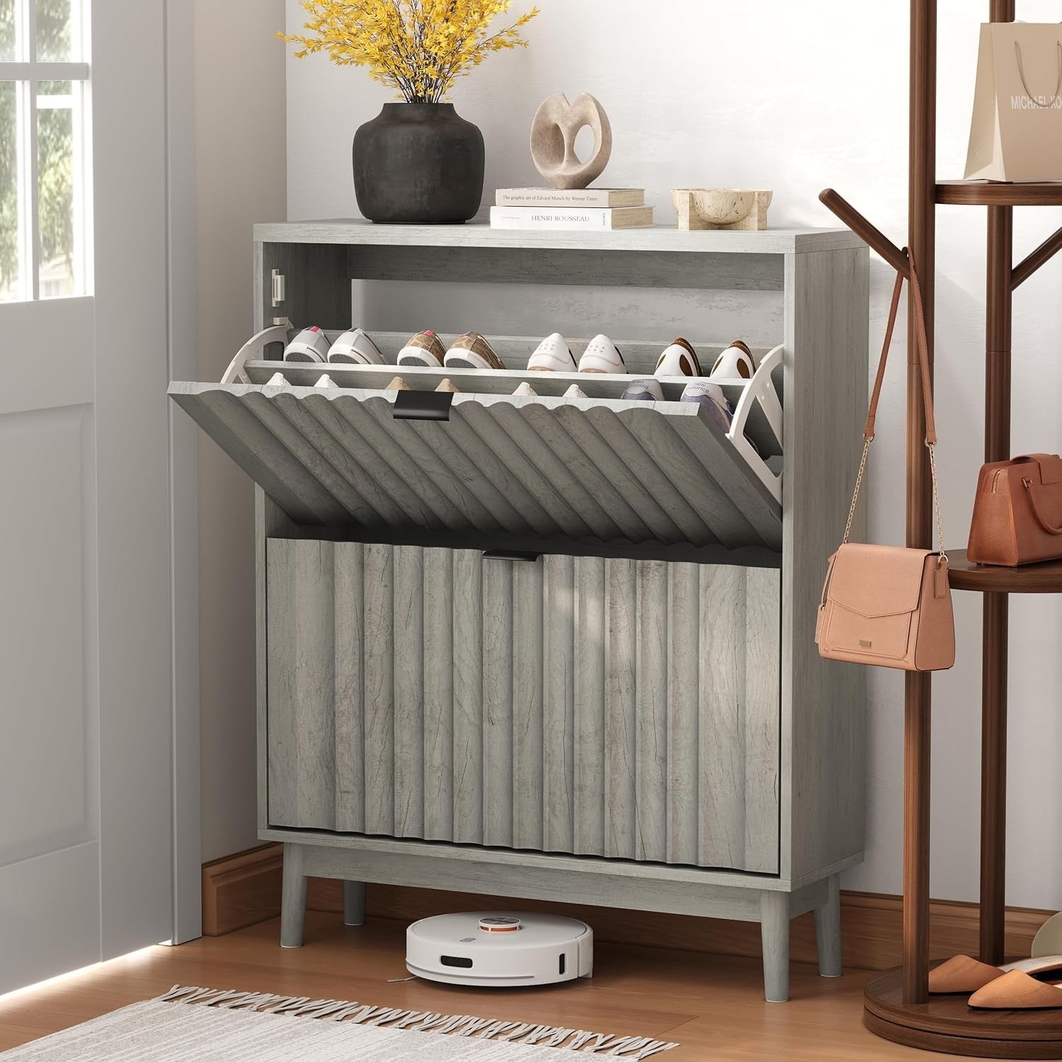 Narrow Grey Wood Shoe Cabinet 2 Flip Drawers Hidden Storage 24x80x99cm