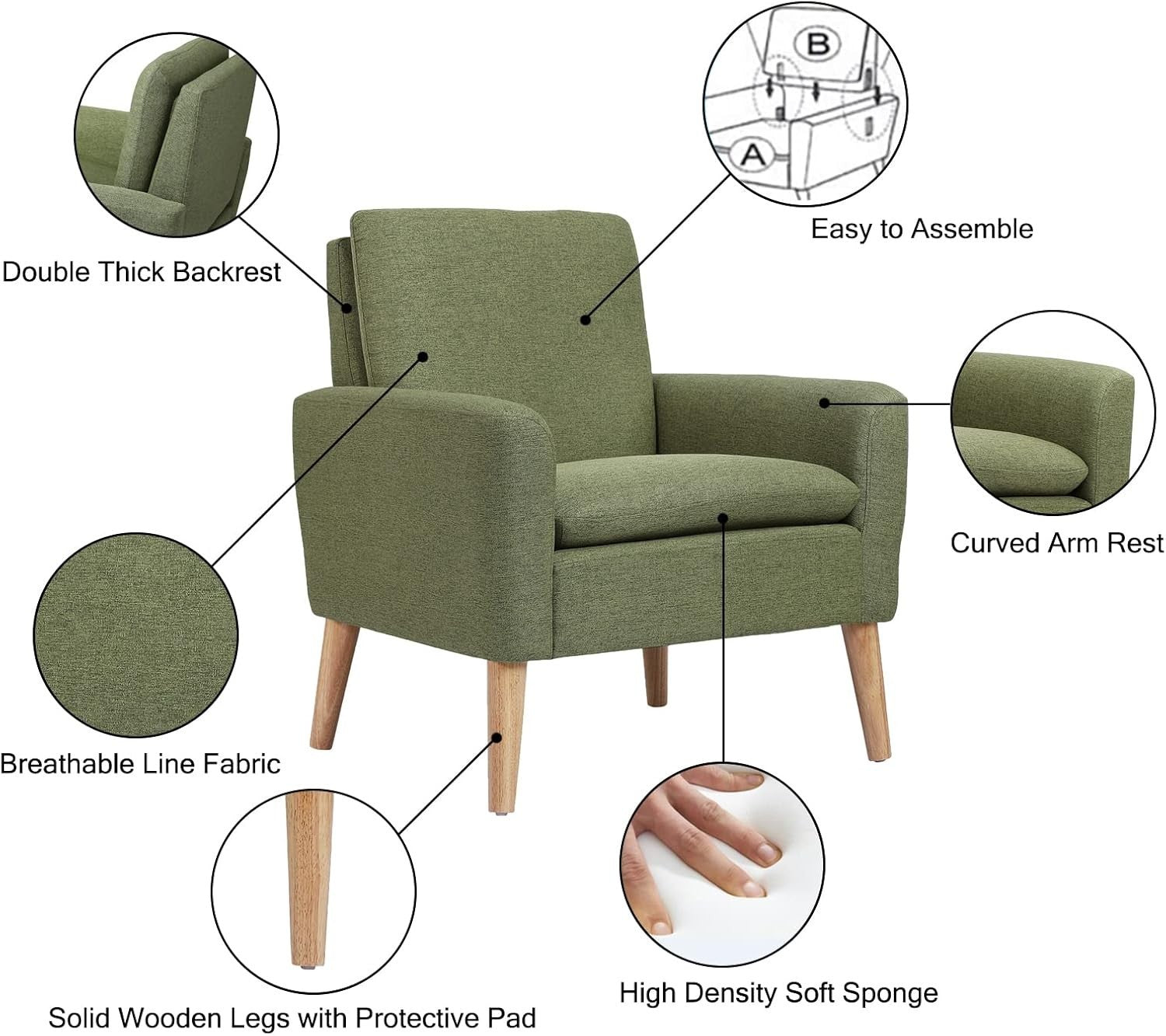 Green Lounge Armchair Upholstered with Wood Legs for Living Room Bedroom