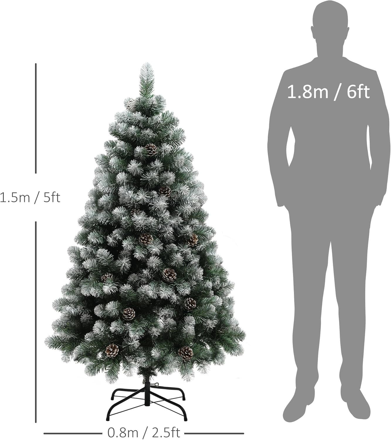 150cm Snow Dipped Pine Xmas Tree with Pinecones Hinged Branch Steel Base Decor
