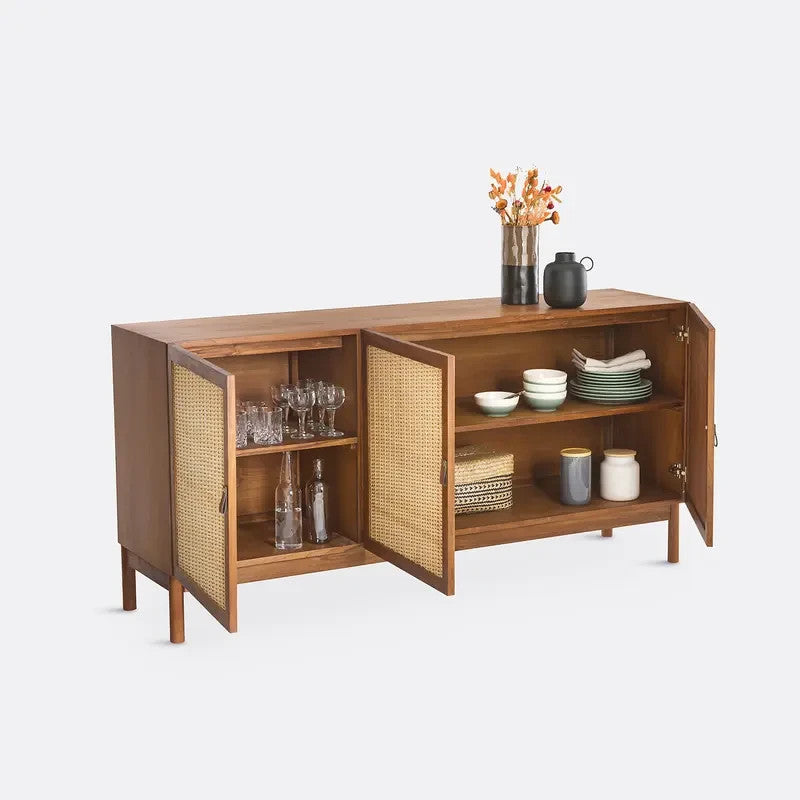 Teak Rattan Sideboard 175cm Storage Cabinet Unit with Doors & Soft Closures