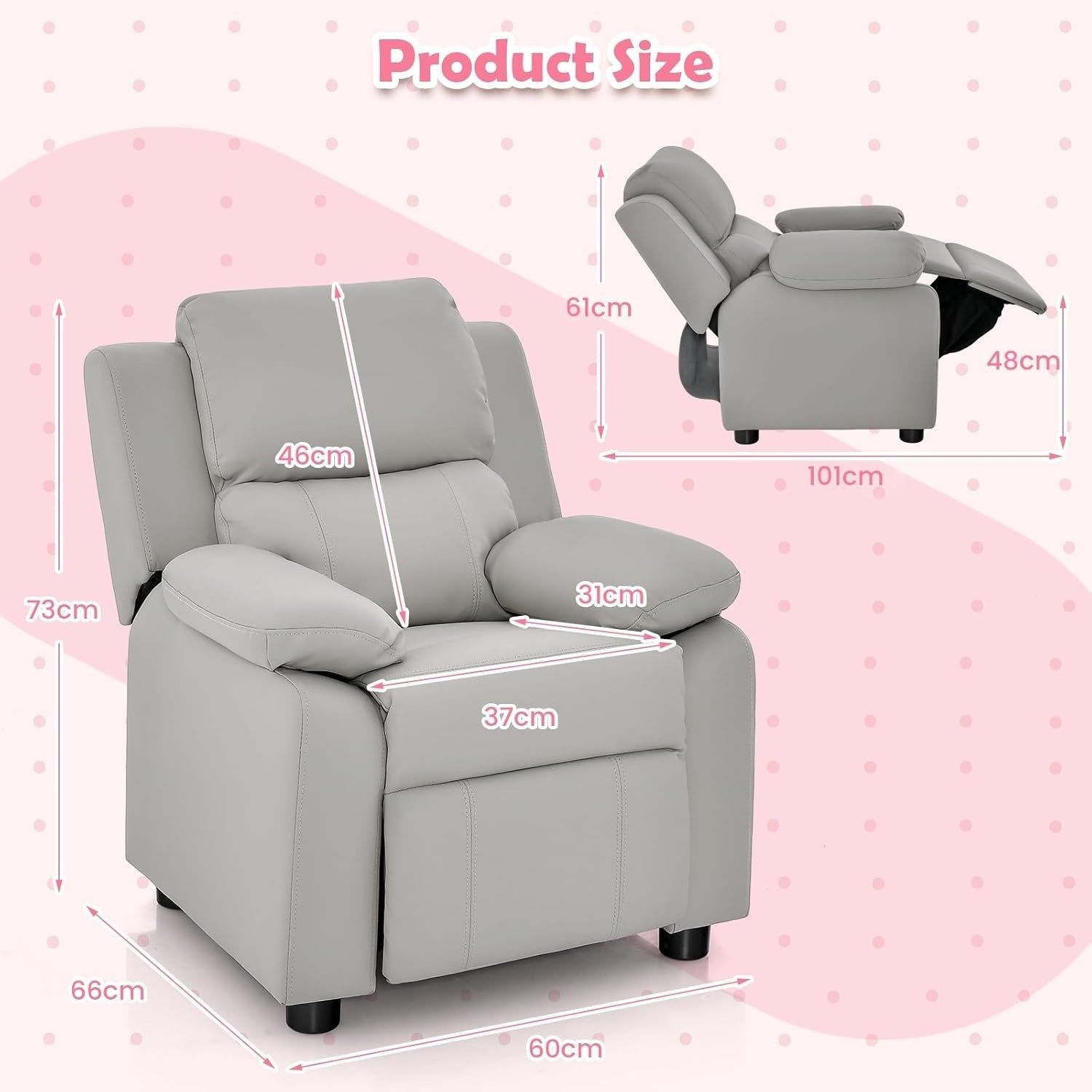Kids Recliner Chair Adjustable Backrest & Footrest PU Leather Sofa 66x60x73cm