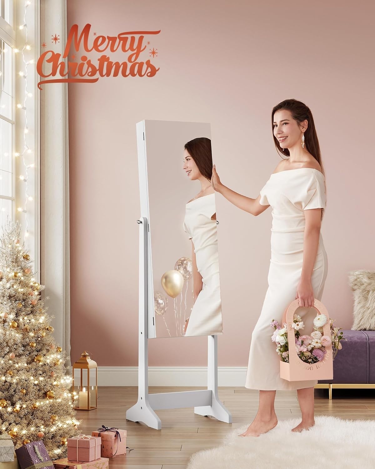 Lockable Standing Jewelry Cabinet Full Length Mirror Makeup Storage White