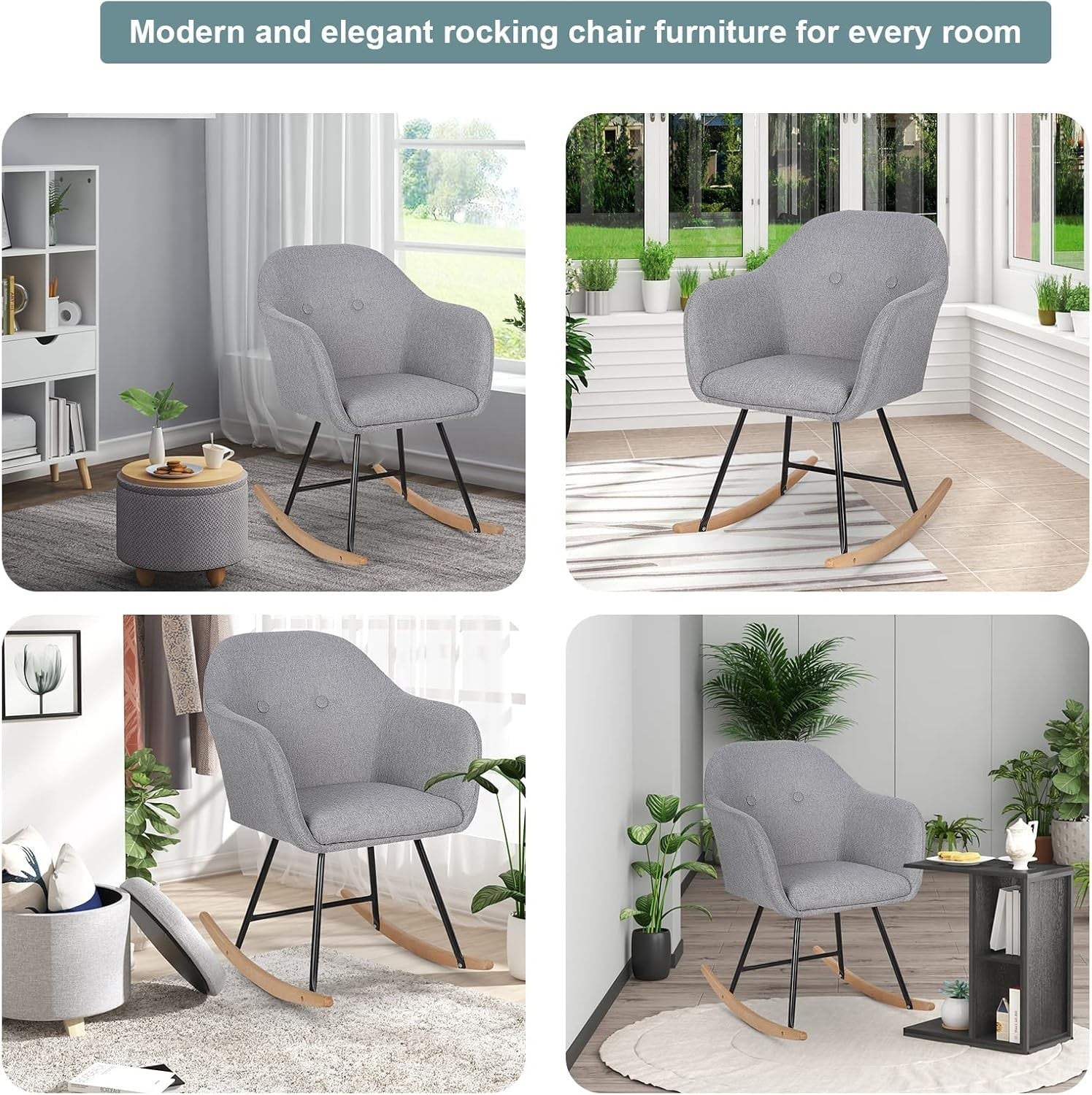 Padded Rocking Chair Armchair Linen Light Grey for Nursery Bedroom Lounge