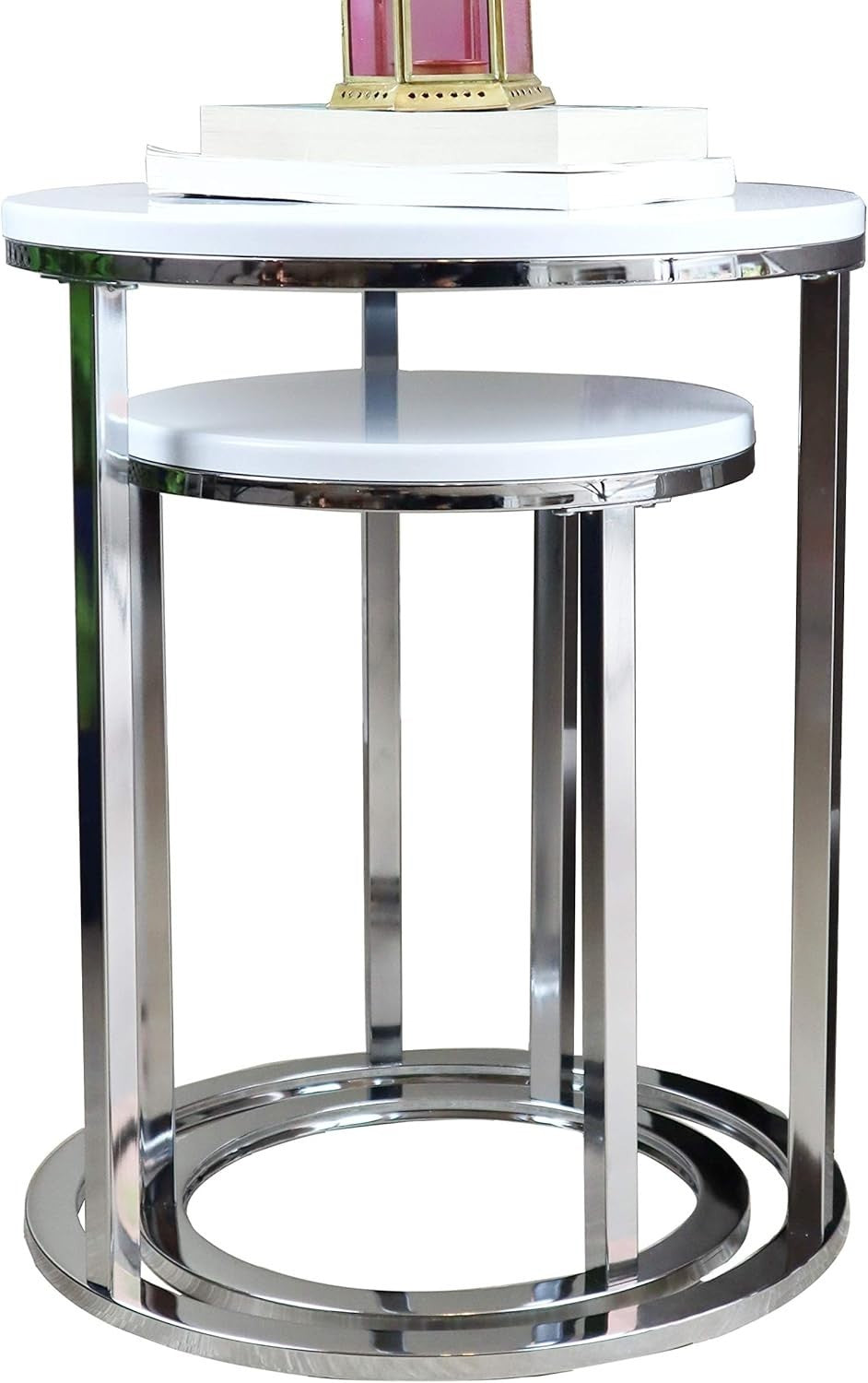 Space Saving Nesting Coffee Tables Set of 2 Round Side End Table White/Chrome