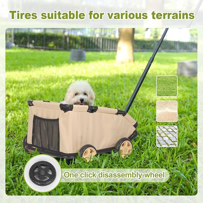 Pull Along Pet Wagon Mini Dog Travel Cart Foldable Wheels Khaki