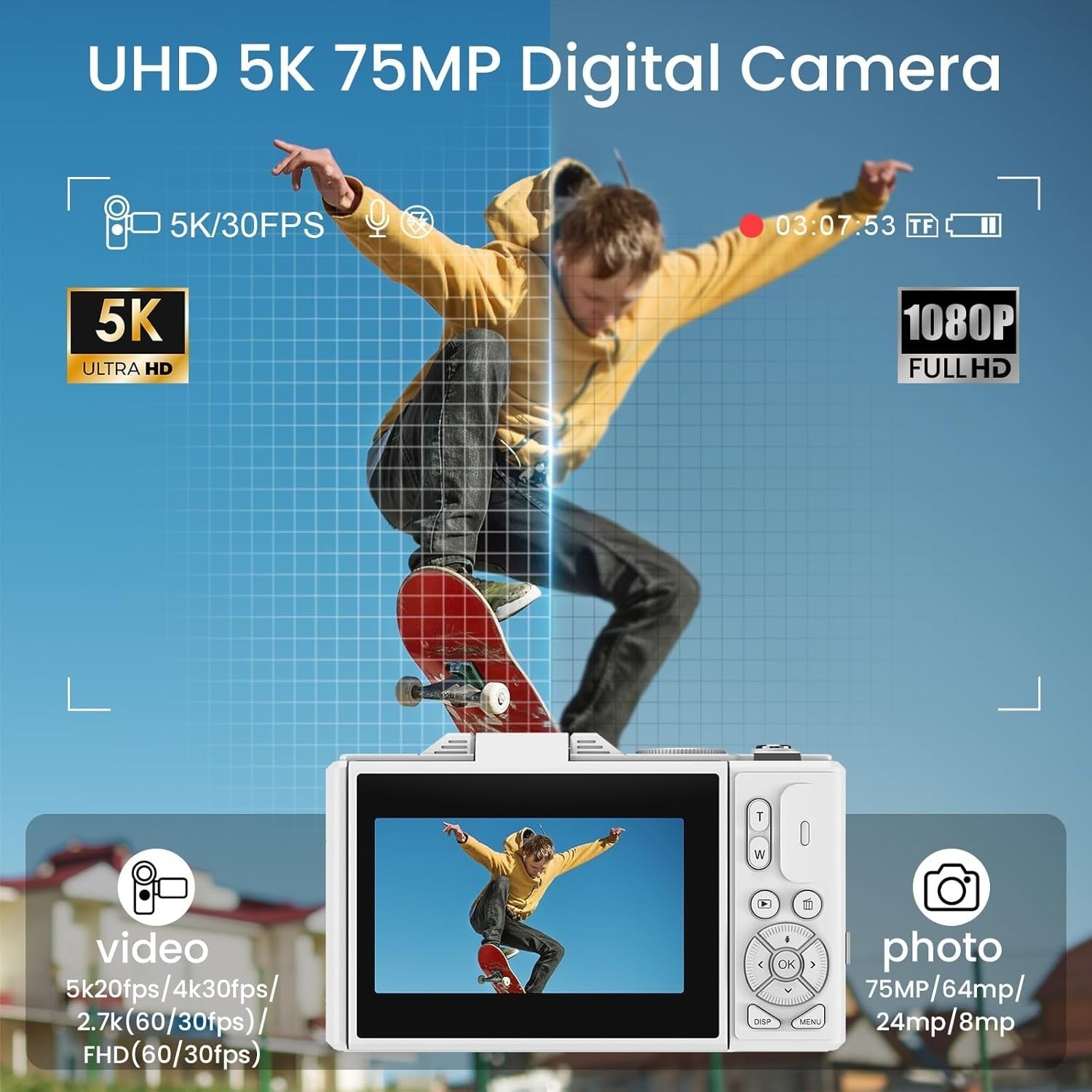 5K 75MP Digital Camera WiFi Vlogging Camera Flip Screen White