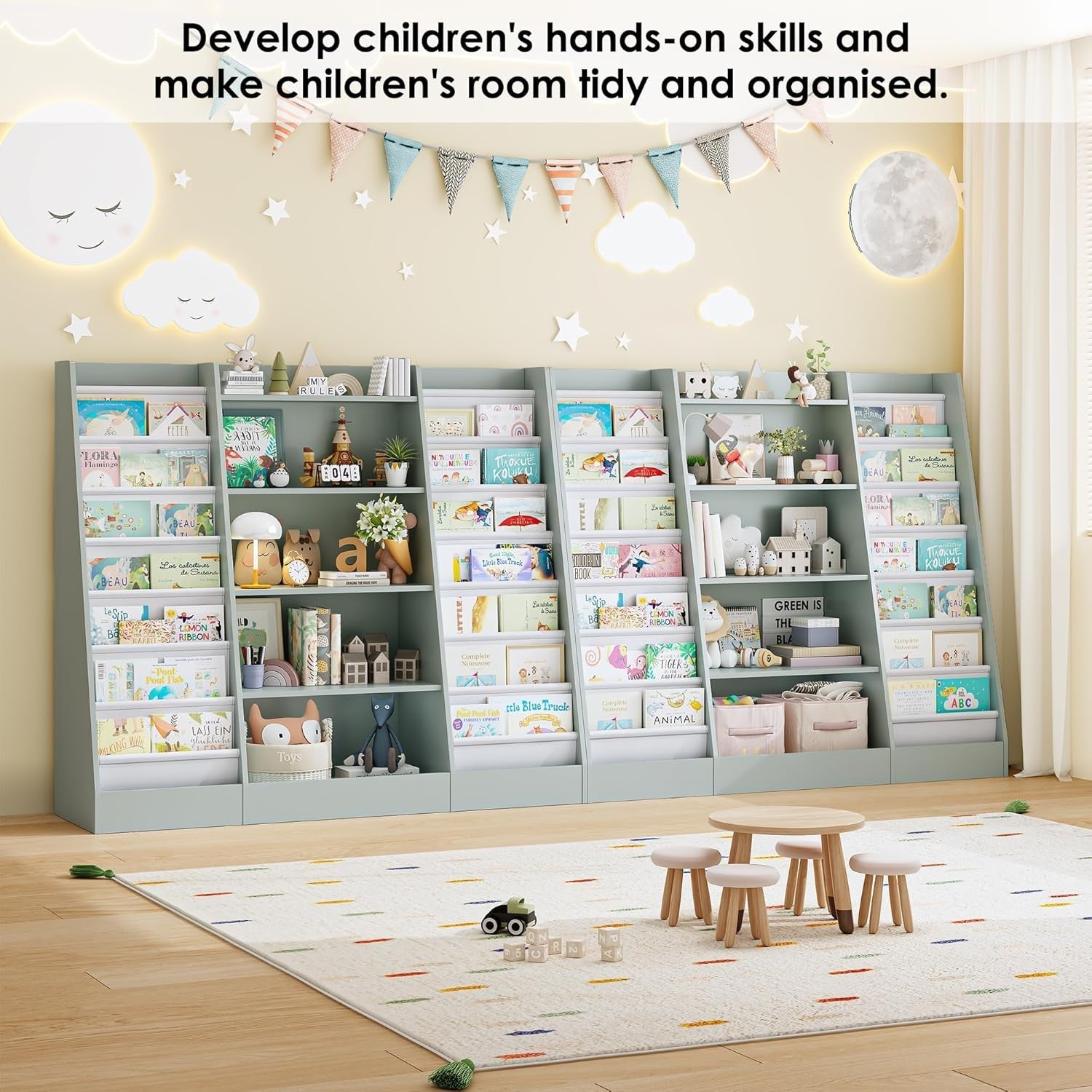 Kids Bookshelf Storage Unit with 14 Sling Fabric Shelves & 5 Toy Racks