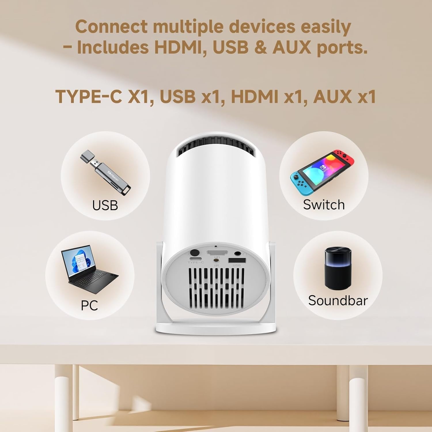 Mini WiFi Projector 240° Rotating 5000 Lumens Kids Bedroom Cinema