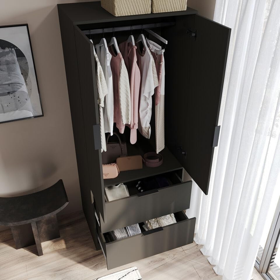Black 2 Door Wardrobe with 2 Drawers, Hanging Rail & Clothes Storage Unit