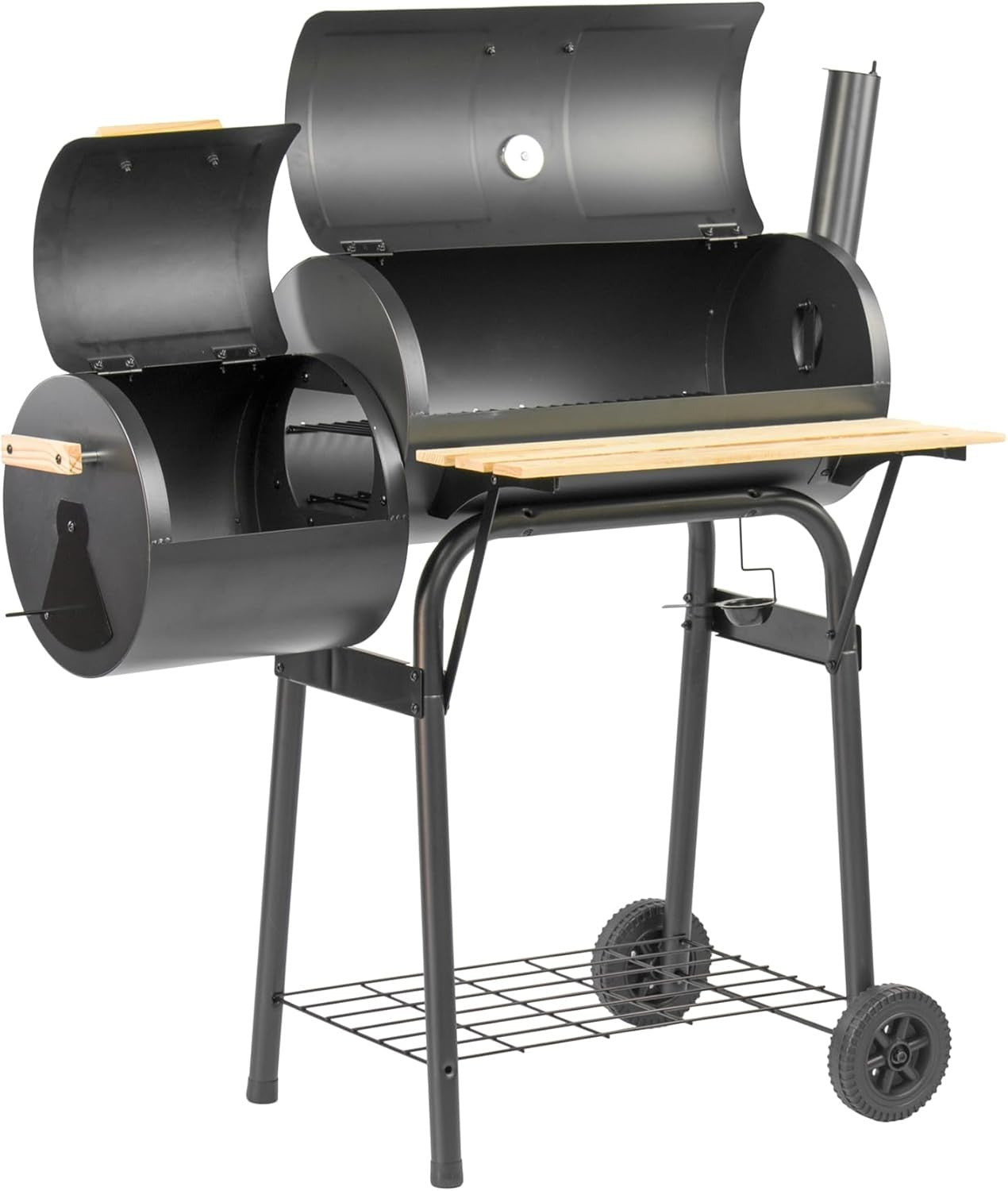 Charcoal Smoker BBQ Grill with Dual Chambers Thermometer Wheels Outdoor