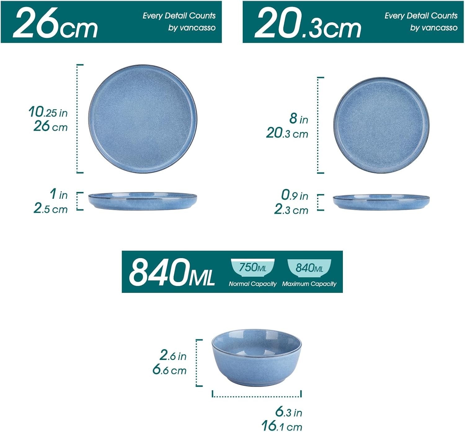 18pc Ceramic Dinner Set Blue Plates Bowls Microwave Dishwasher Safe
