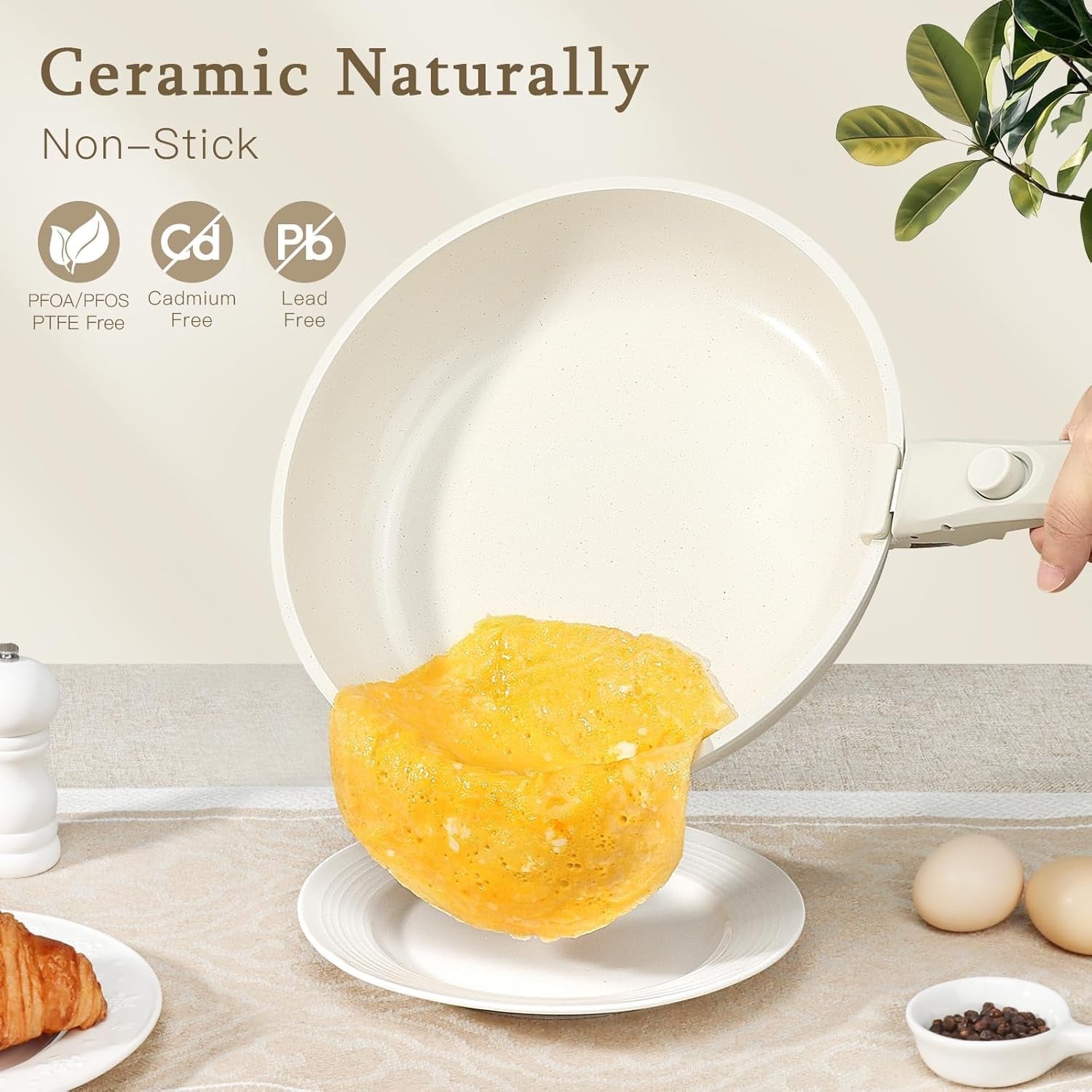 15Pcs White Plus Ceramic Non Stick Cookware Set with Detachable Handle