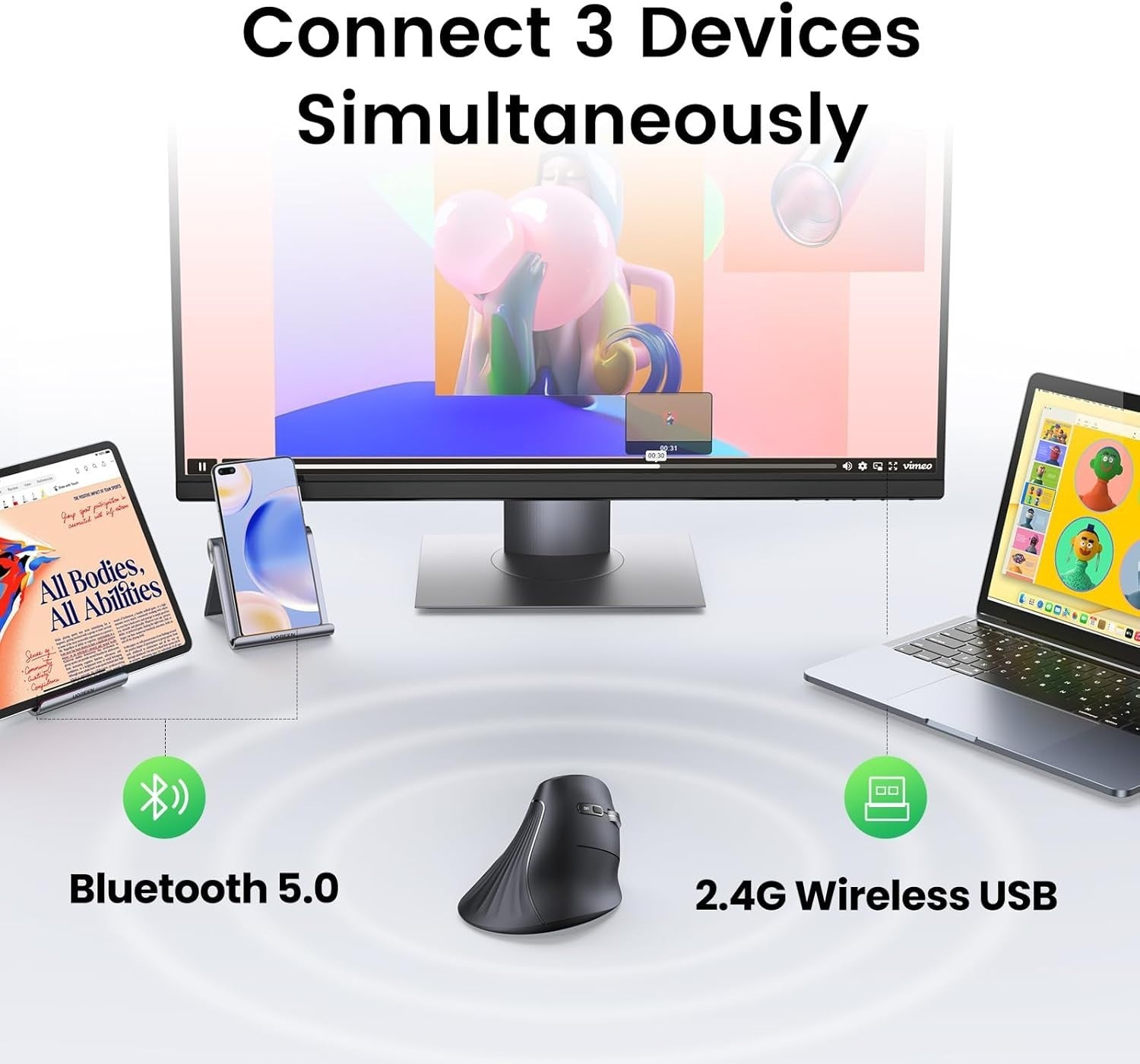 Ergonomic Vertical Wireless Mouse Bluetooth 4000DPI 3 Device Silent