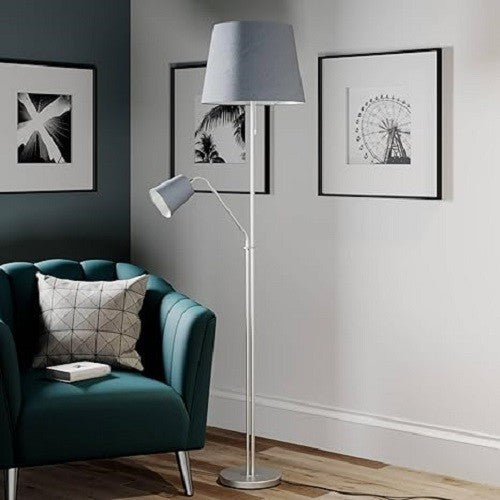 Modern Floor Lamp with Fabric Shade Standing Light Reading Lamp Silver
