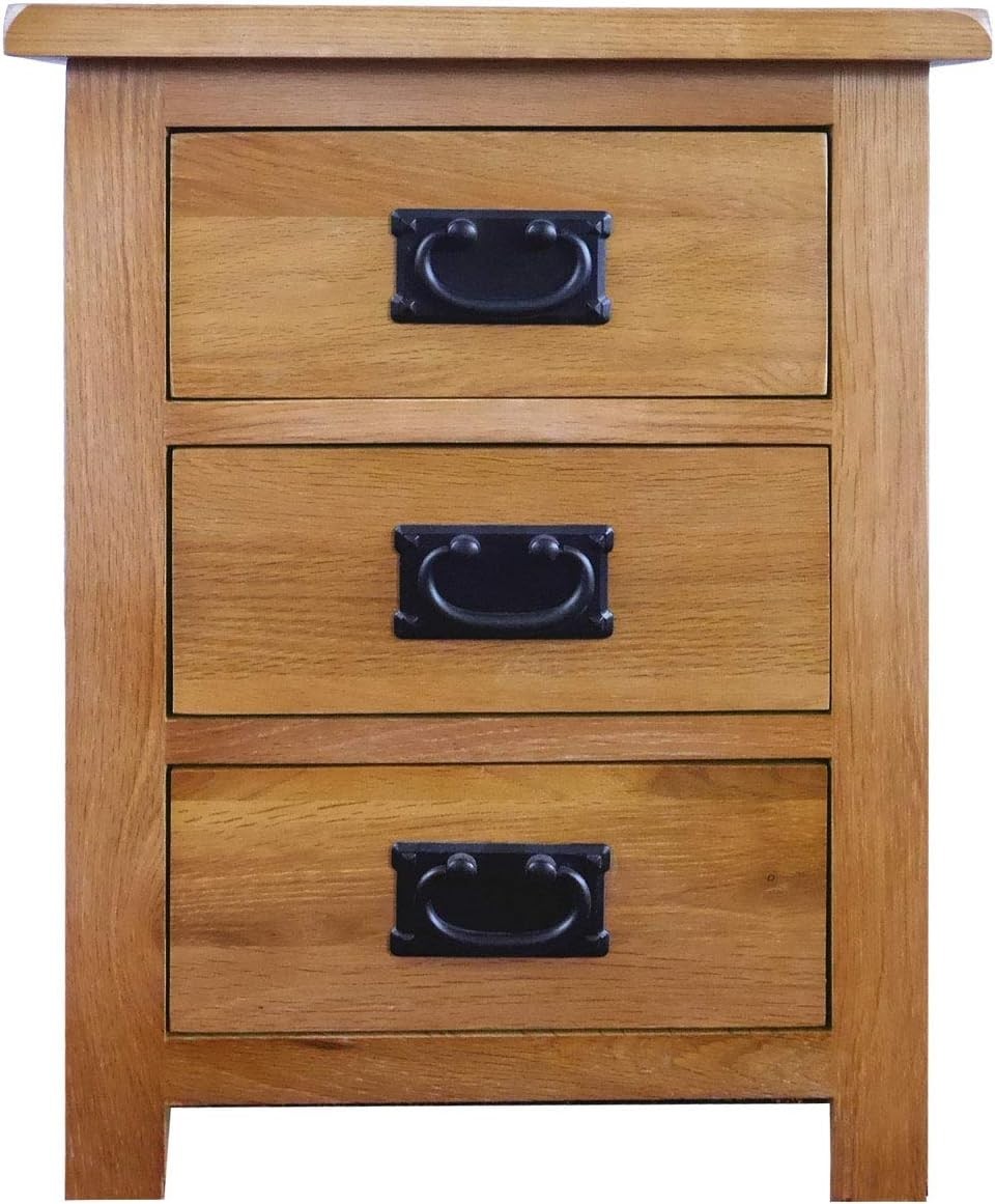 Rustic Oak Bedside Table with 3 Drawers, Solid Wood Nightstand 56x42x32cm