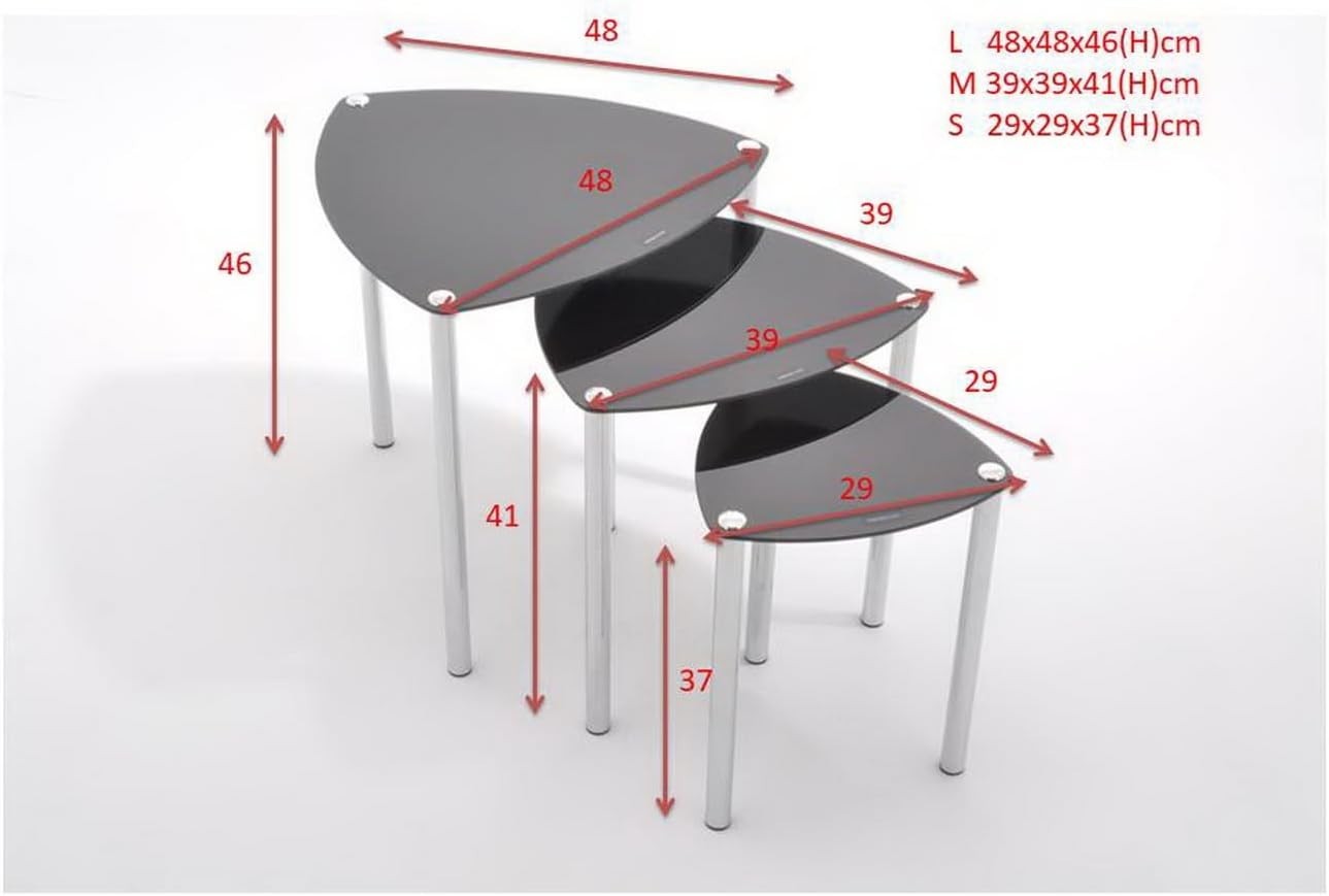 Set of 3 Black Glass Triangle Nesting Tables Chrome Steel Frame Home Decor