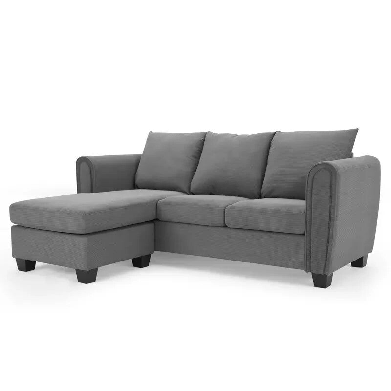 Grey Cord 3 Seater Sofa with Chaise Lounge | Reversible Corner Couch
