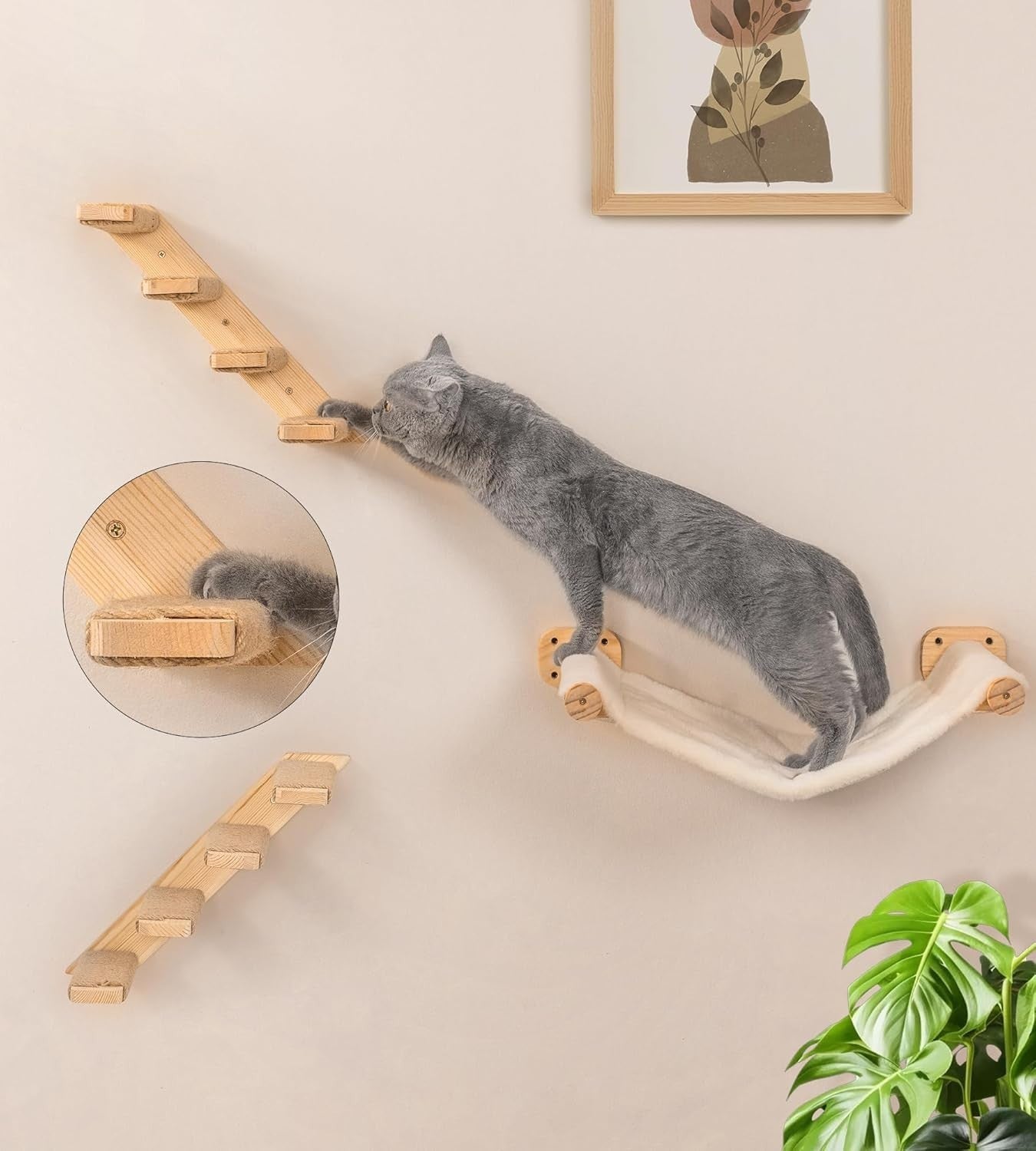 Wall Mounted Cat Hammock with Steps Wooden Cat Shelves Climbing Set