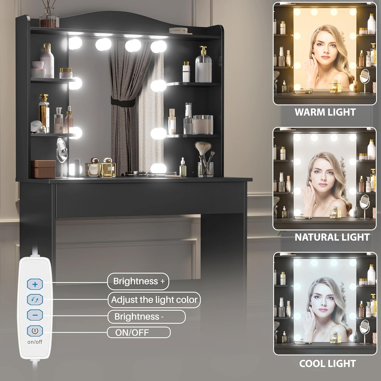 Modern Dressing Table Set LED Light Mirror Stool Drawers Makeup Vanity