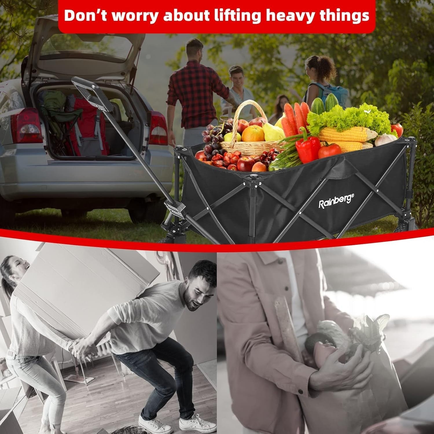 Black Folding Camping Wagon 120kg Trolley w/ Table Top, Adjustable Handle & Bag
