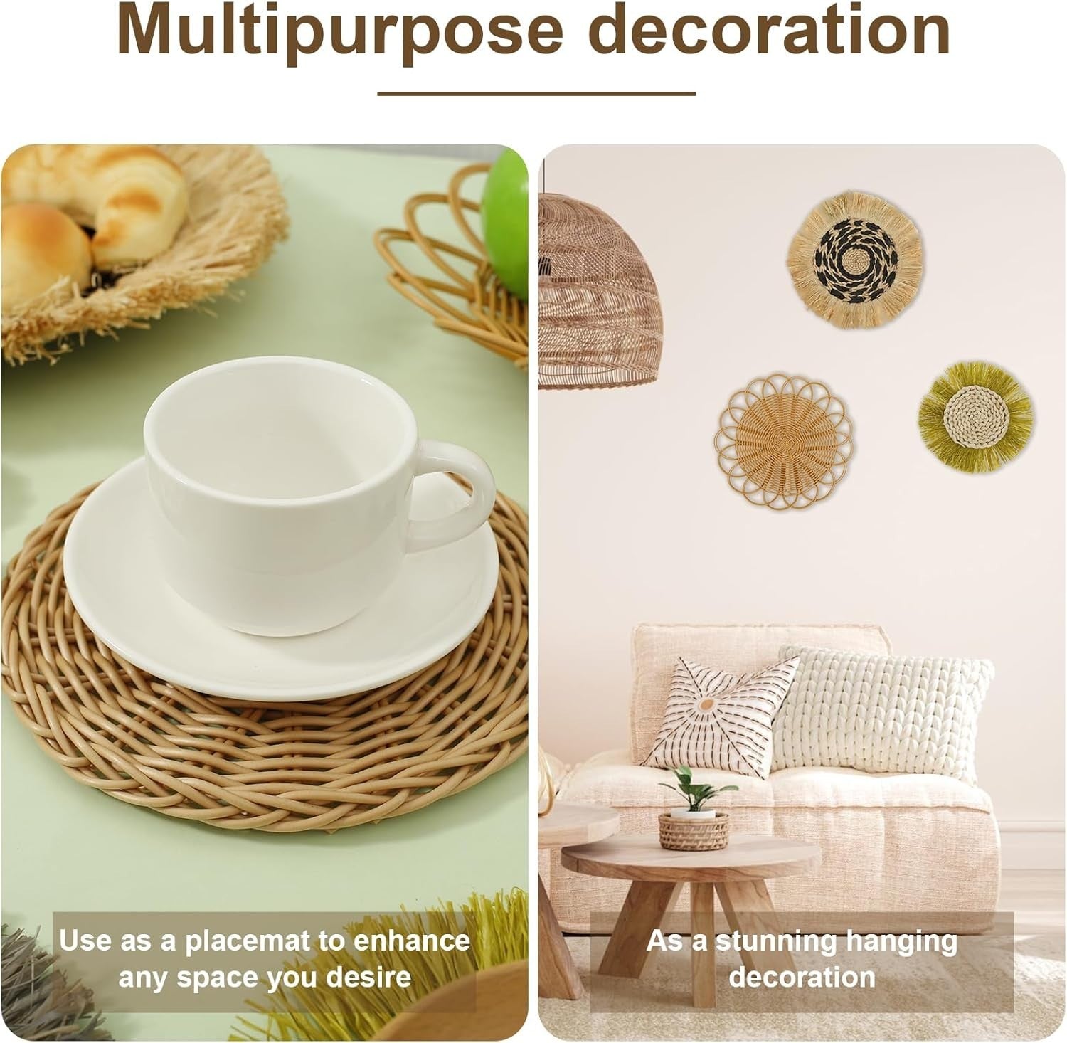 7 Pcs Boho Woven Wall Baskets Handmade Rattan Decor 4 Sizes