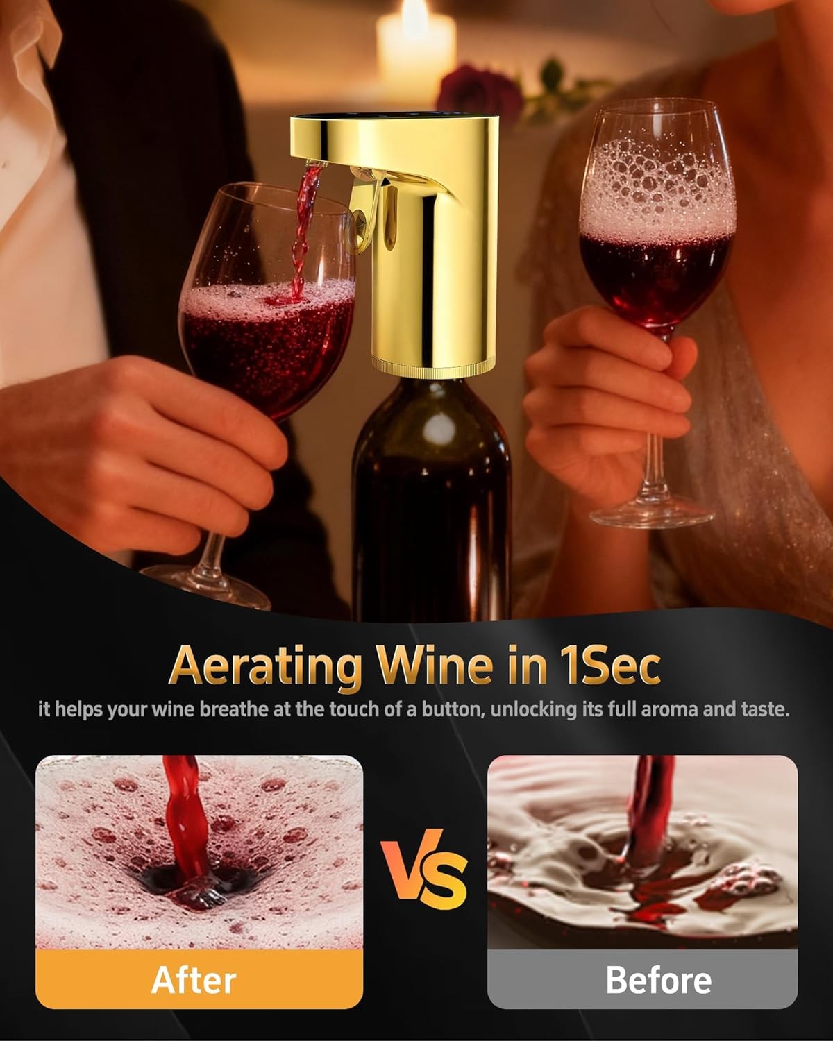 5-in-1 Electric Wine Aerator Dispenser Gold USB Recharge Smart Pourer 990ml Des