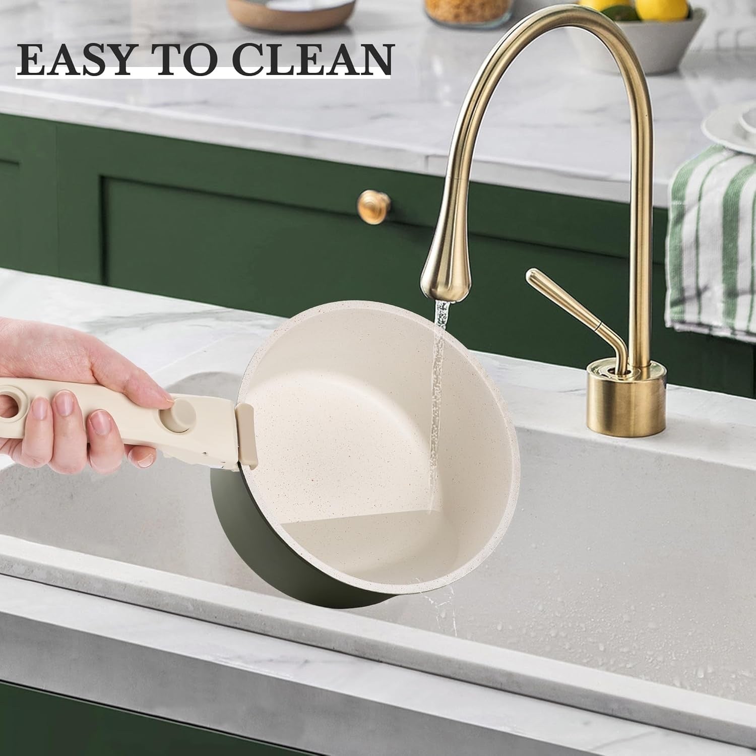 5Pcs Green Pots Pans Set with Glass Lids & Detachable Handle Induction Safe