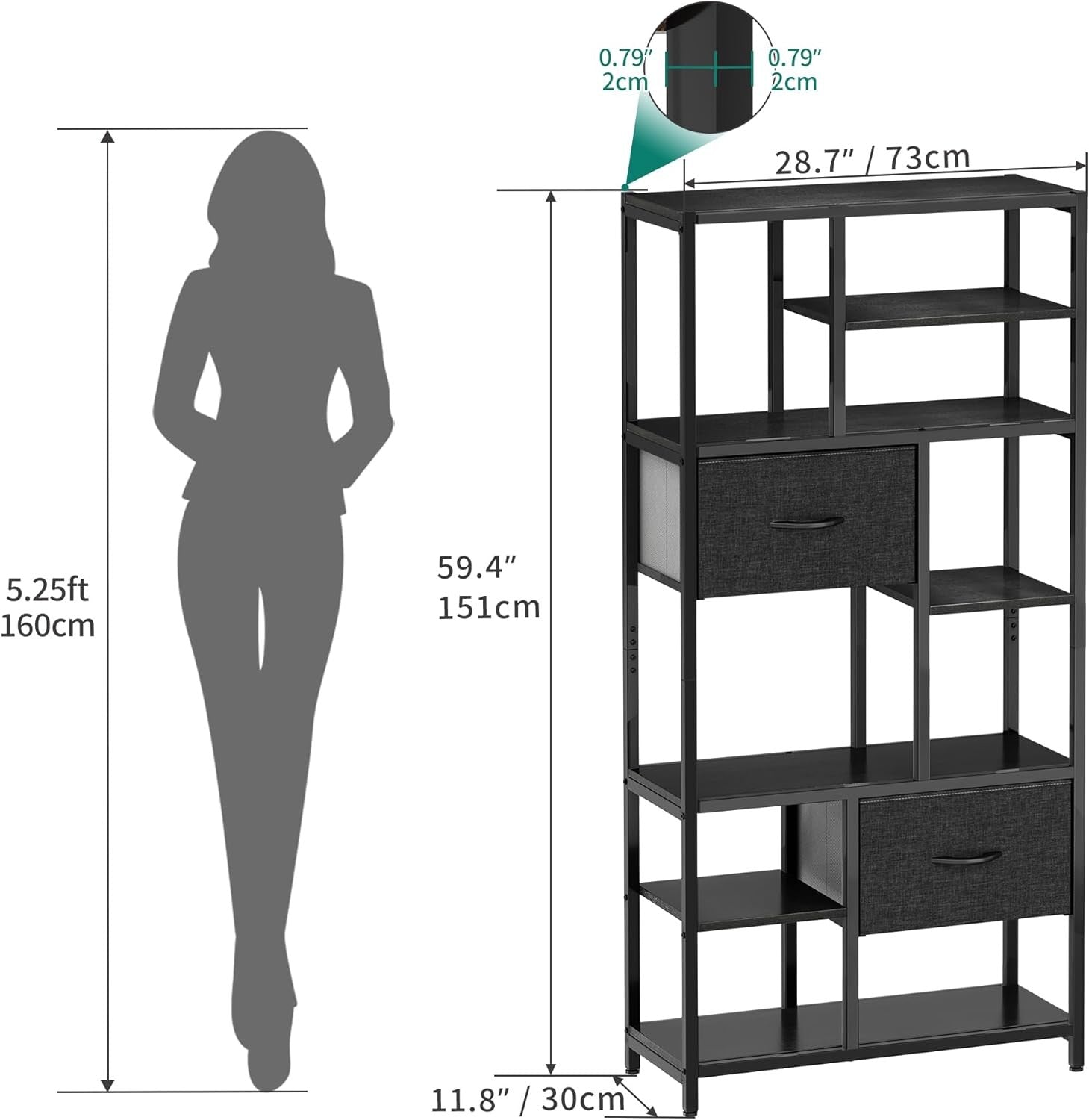 7-Tier Black Industrial Bookshelf with Drawers, Tall Storage Display Unit
