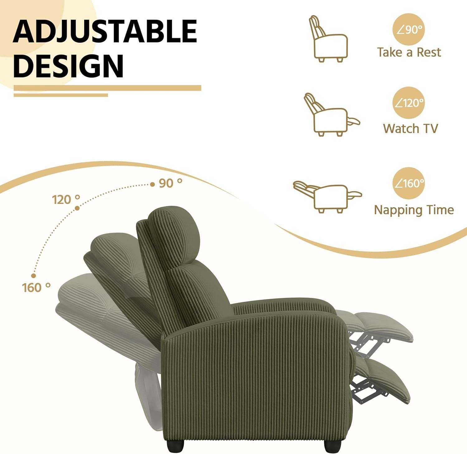 Dark Green Corduroy Recliner Chair Sofa Adjustable Lounge Armchair Home