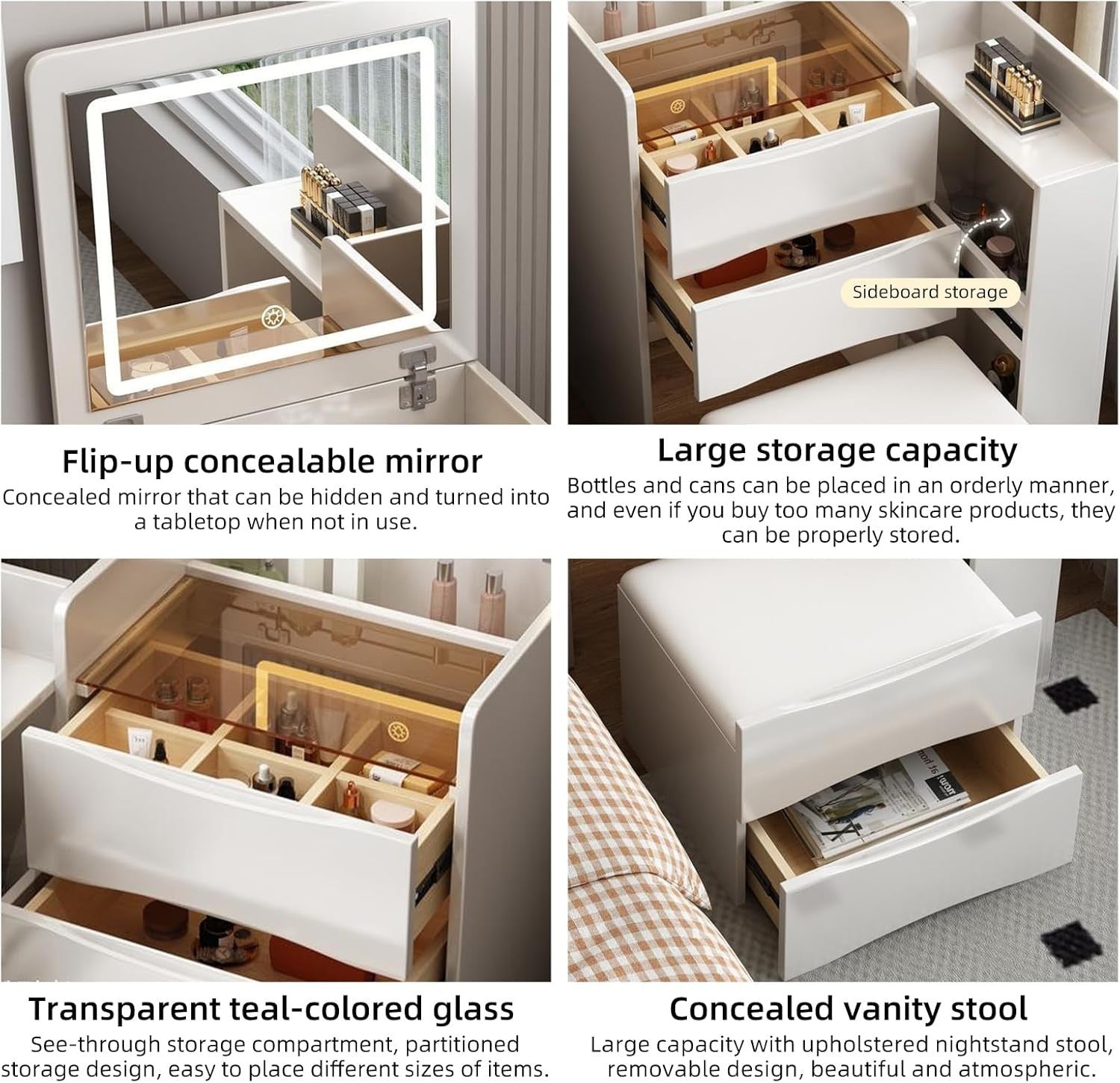 3-in-1 Vanity Desk Dressing Table Mirror LED Lights Storage Drawers White