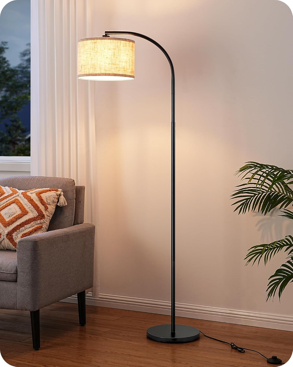 Modern Arc Floor Lamp Adjustable Linen Shade Black Standing Reading Light