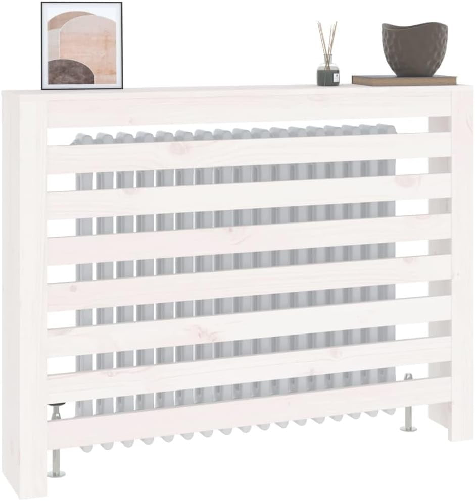 White Radiator Cover Solid Pine Wood Slatted Shelf 108.5x19x84cm