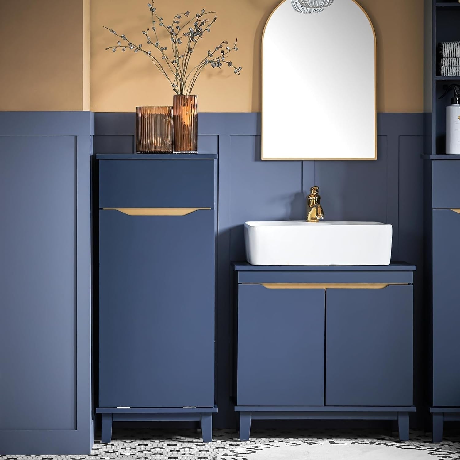 Slim Bathroom Laundry Cabinet with Fold Out Basket Drawer Storage Blue
