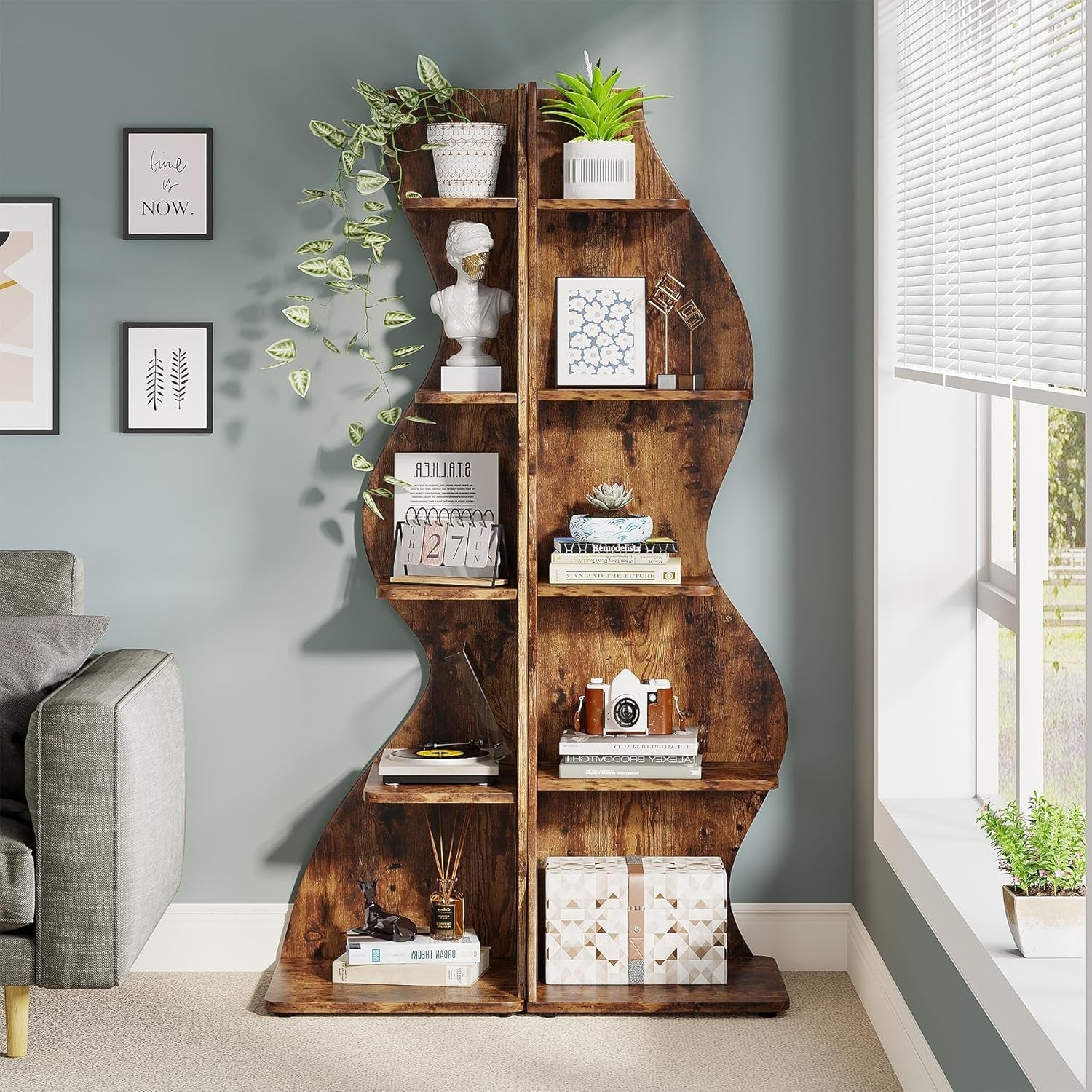 2PC Rustic 5-Tier Corner Bookshelf Wave Design Wall Storage Rack for Living Room