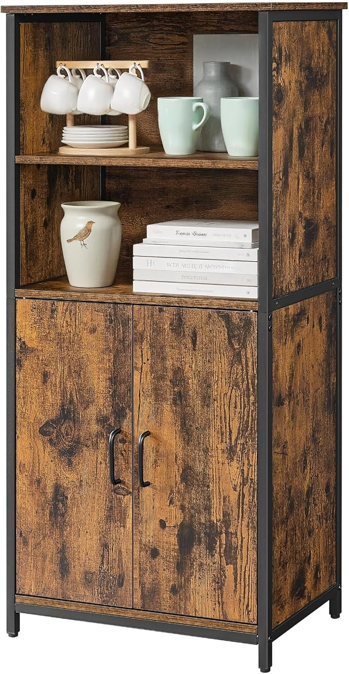 Rustic Brown Industrial Storage Cabinet with Shelves & Cupboard for Living Room