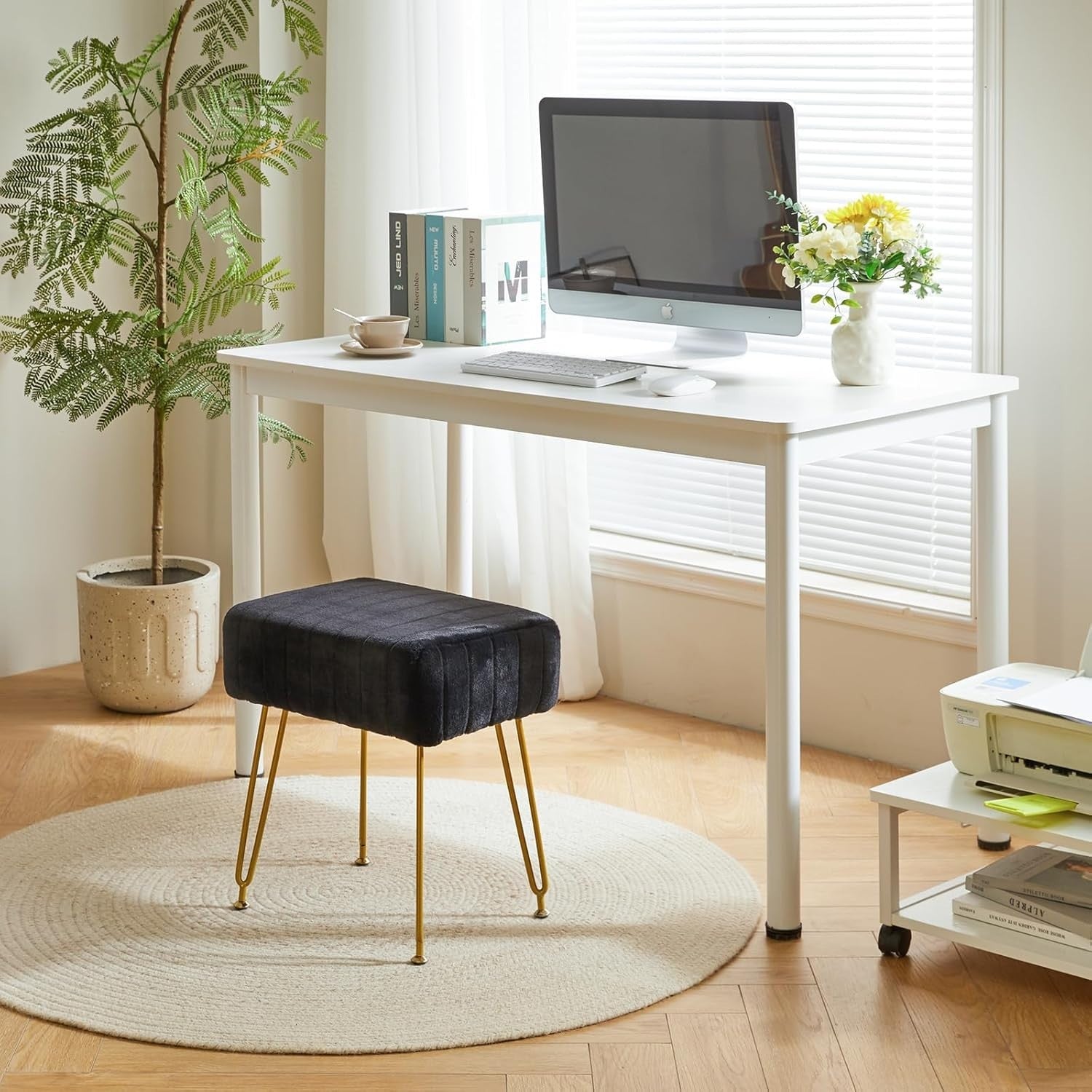 Black Velvet Rectangular Footrest Stool – Modern Vanity Seat with Metal Legs