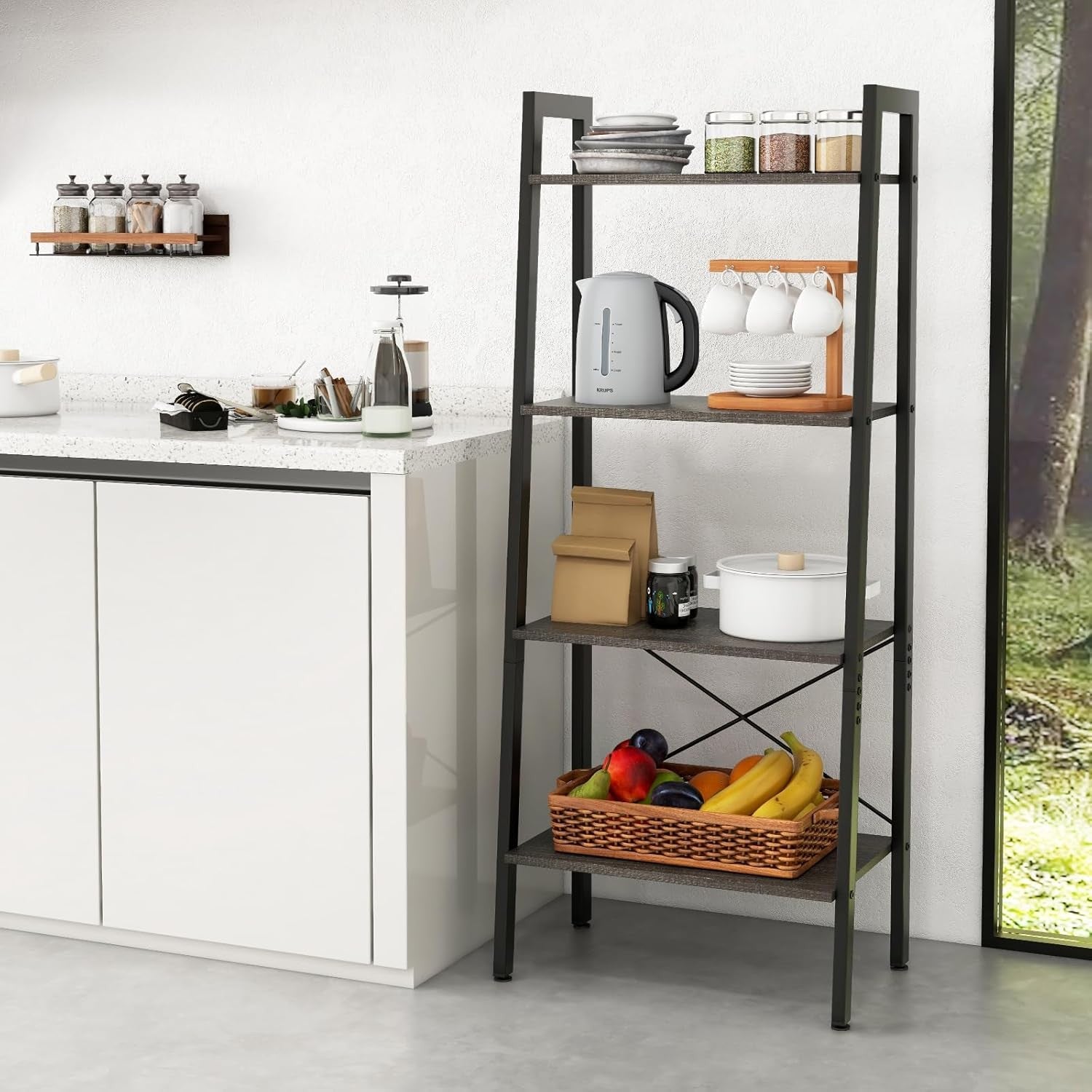 Black Industrial Ladder Shelf 4-Tier Freestanding Storage Rack Plant Stand