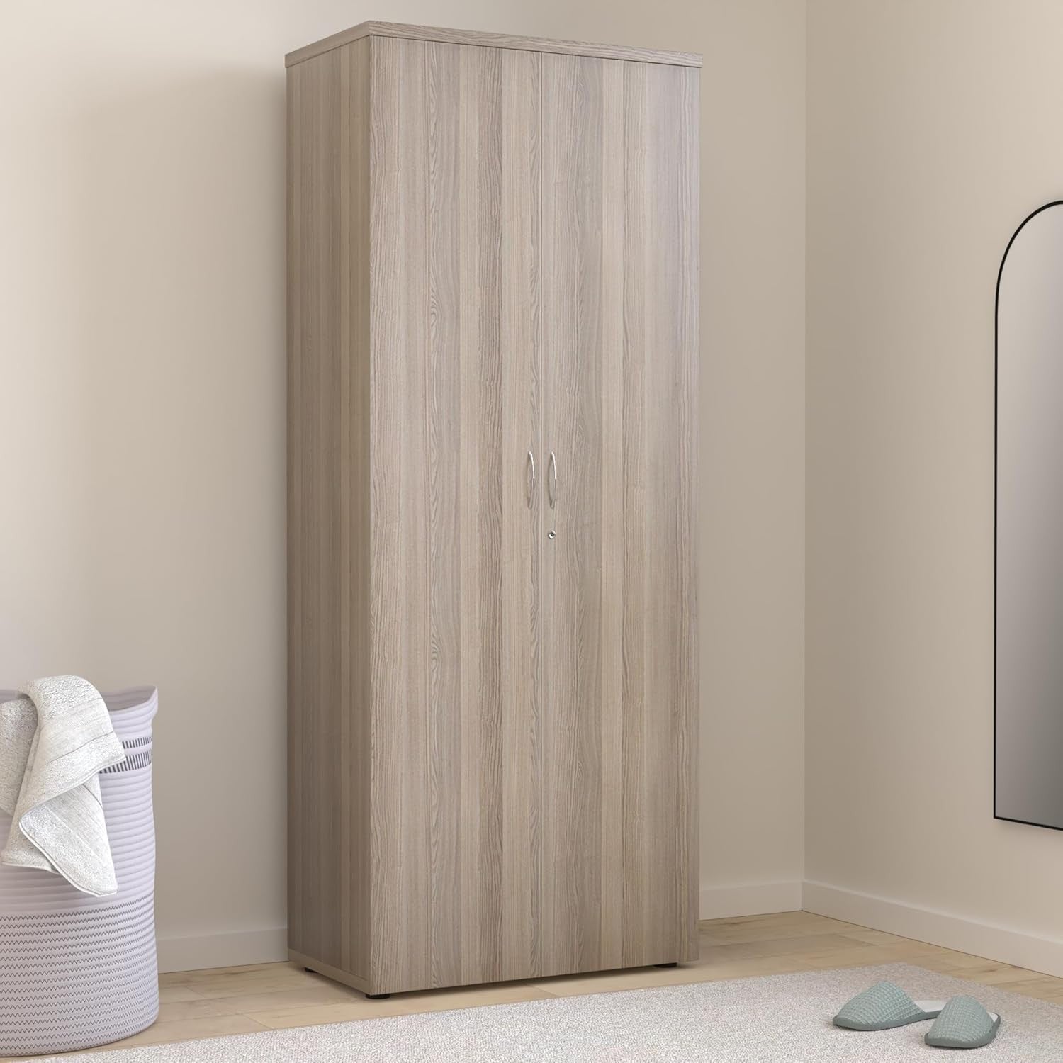 Tall Grey Oak Lockable Office Cupboard 4 Shelf Storage Cabinet 200cm