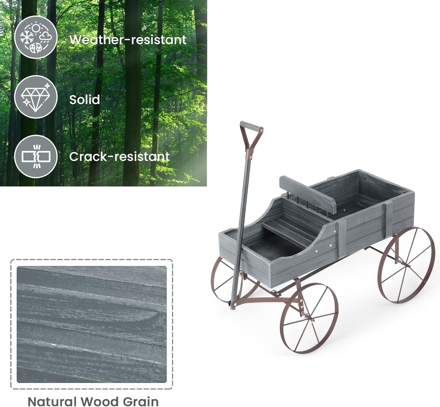 Grey Wooden Garden Wagon Planter Decorative Flower Cart w/ Handle & Wheels