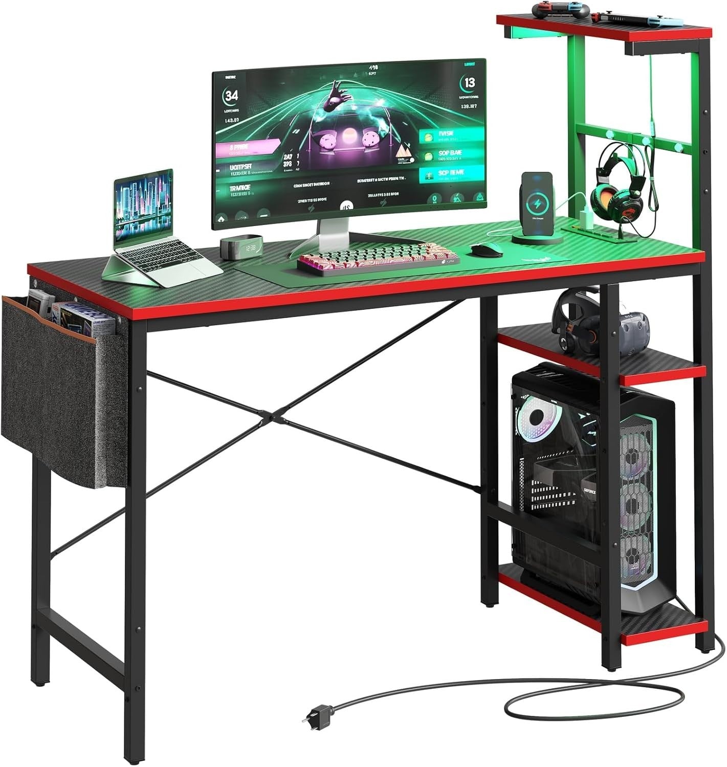 113cm Corner Computer Desk with LED Lights & Power Outlets