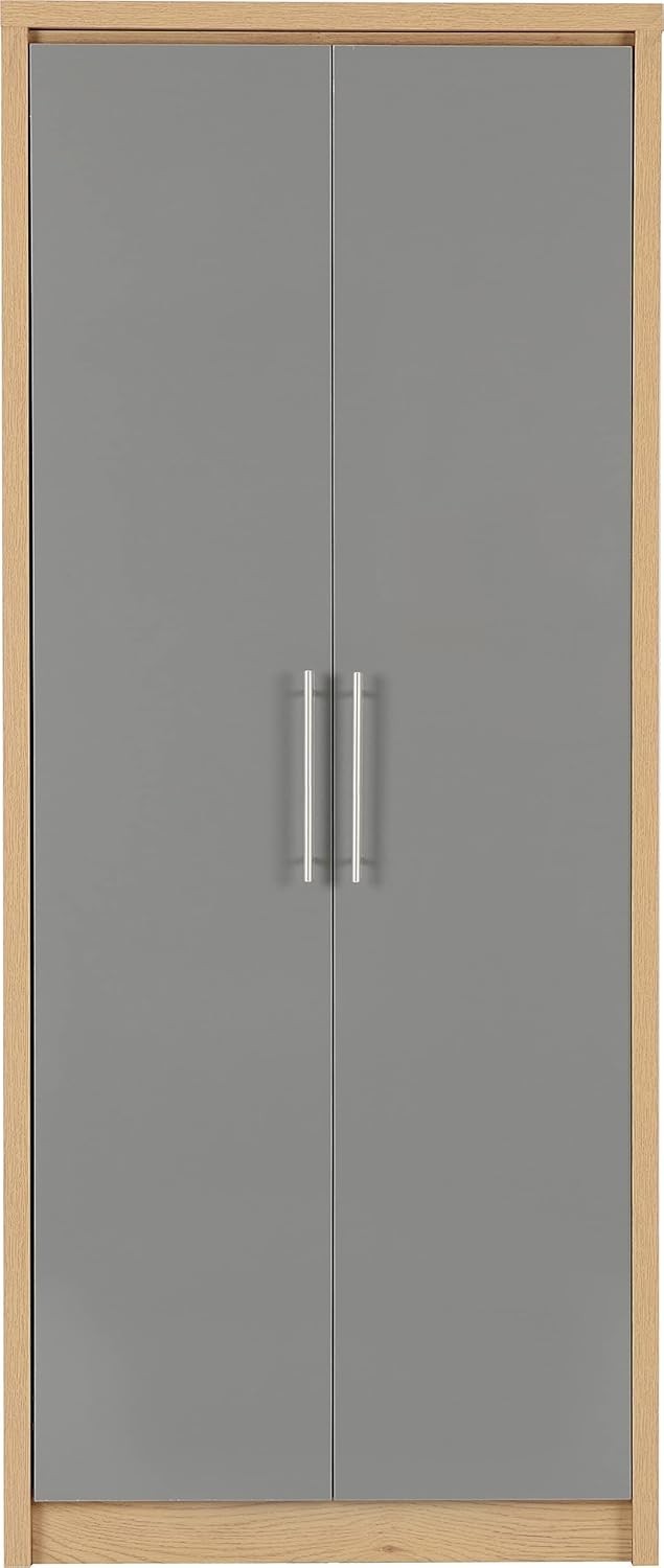 Grey Gloss 2 Door Wardrobe with Light Oak Frame – Compact Bedroom Storage
