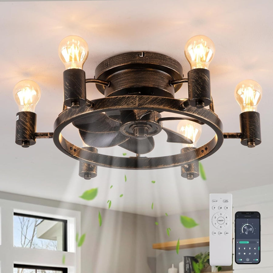 52cm Industrial Ceiling Fan Light, 6 Lights, Remote, Flush Mount, Black