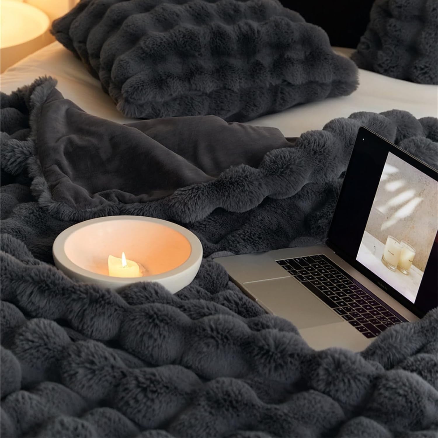 Grey Faux Rabbit Fur Throw Blanket 100x160cm 720GSM Soft & Warm for Sofa