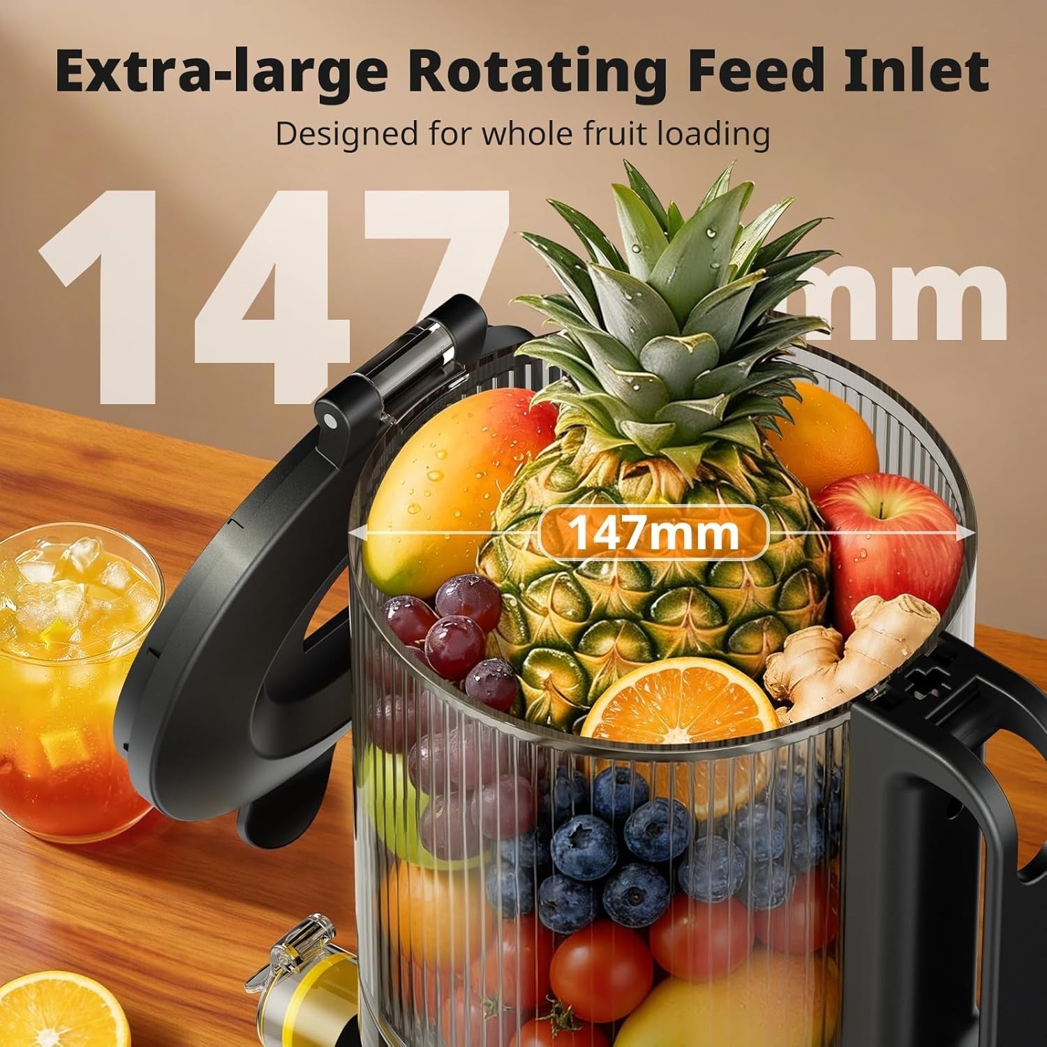 Cold Press Juicer 147mm Wide Chute Whole Fruit Auto Feed 2.1L